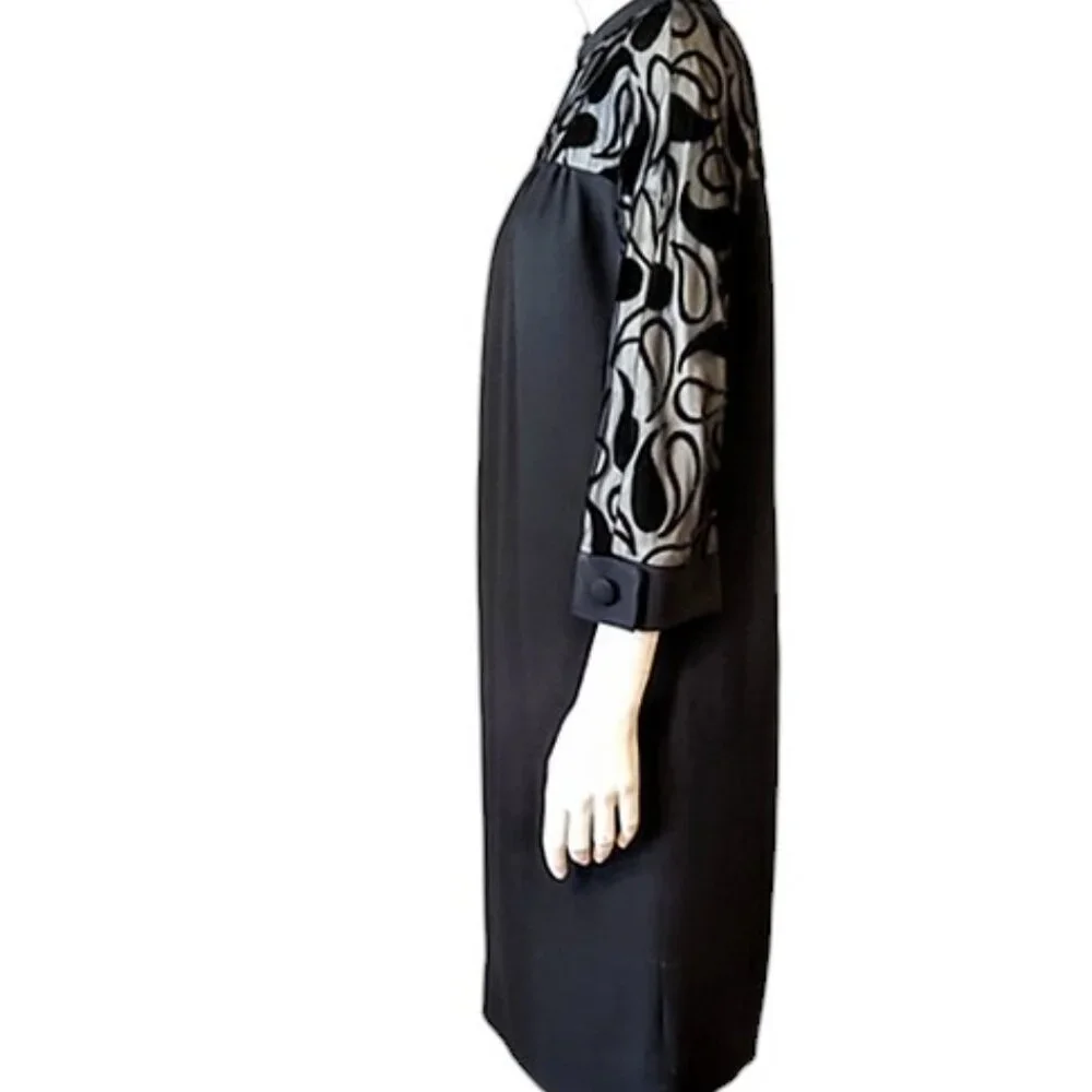 1960s Vintage Black Cocktail Dress With Sheer Top & Black Paisley Designs LBD - Picture 5 of 11